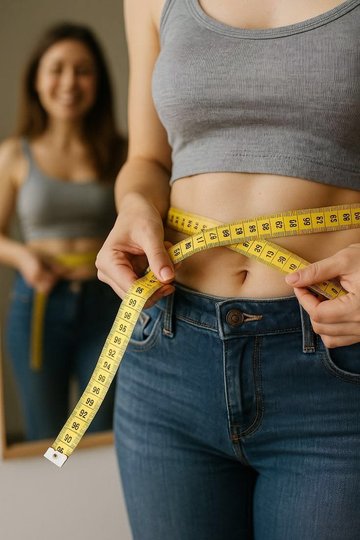 Woman measuring her waist as part of a weight management routine